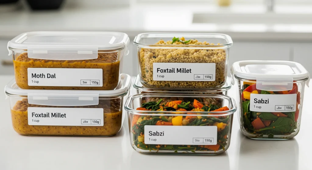 Photo of meal prep with moth dal and foxtail millet for budget bulking.