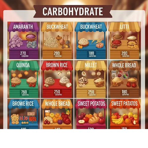 Infographic of carb sources like amaranth and litti for high-carb bulking.