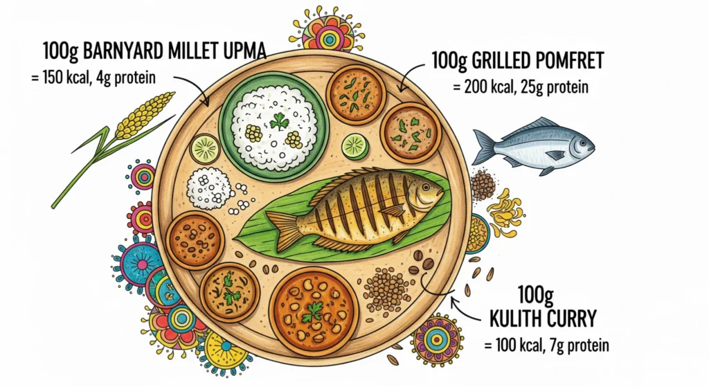 A thali infographic with barnyard millet upma, grilled pomfret, and kulith curry, labeled with calories (e.g., “100g pomfret = 200 kcal, 25g protein”) in a vibrant, hand-drawn desi style.