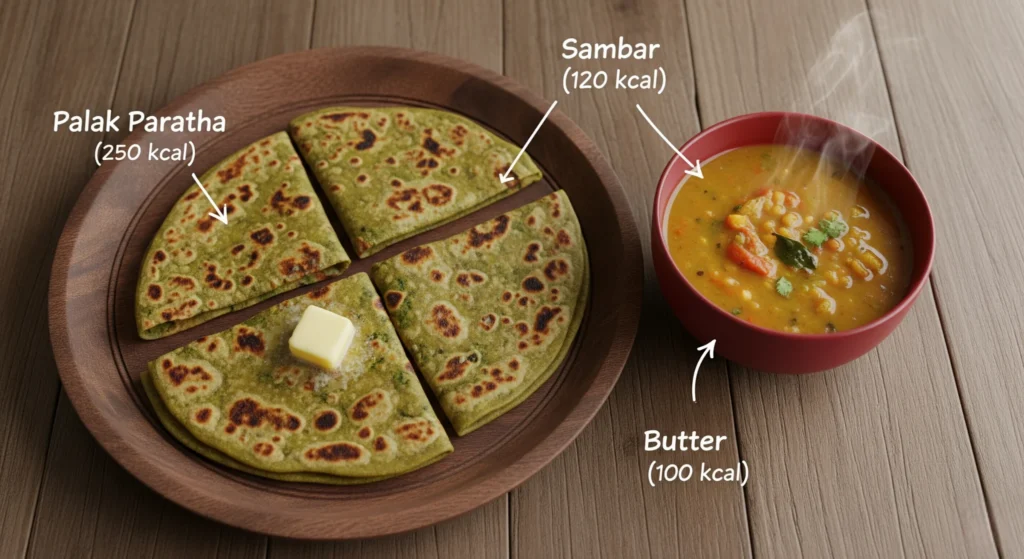 Photo of palak parathas with Tamil sambar for dirty bulking, labeled with calories.