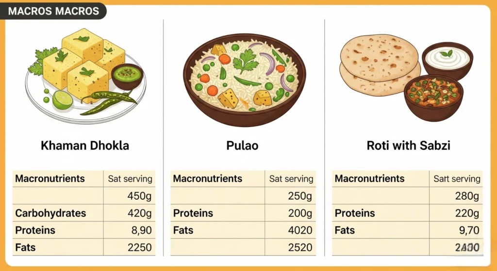 Table of macros for khaman dhokla and pulao for flexible bulking.