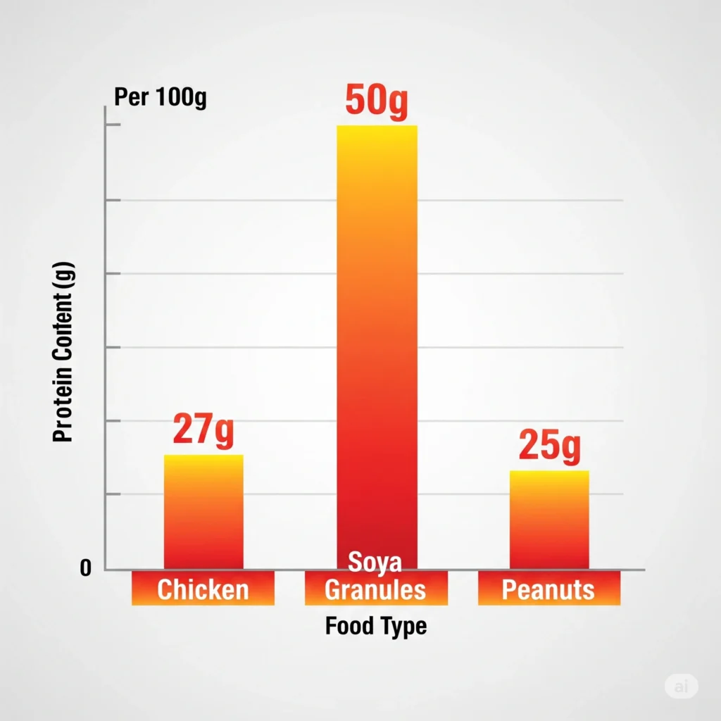 Bar chart comparing protein in chicken, soya granules, and peanuts for high-protein bulking.