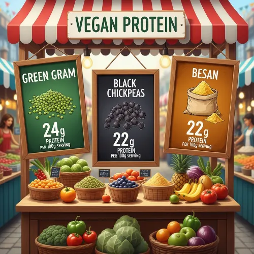 Chart of vegan proteins like green gram for budget bulking.